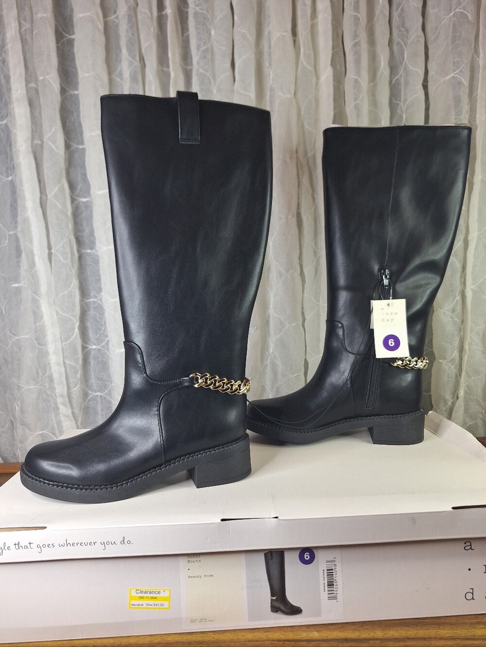 A New Day Bobbi Black Gold Chain Knee High Riding Boots Memory Foam 6 Women's